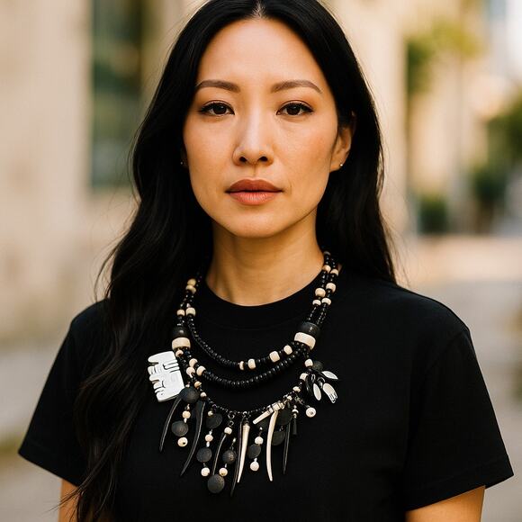 Vintage Tribal Wood Bead Statement Necklace Black White Carved Elephant - Picture 1 of 12